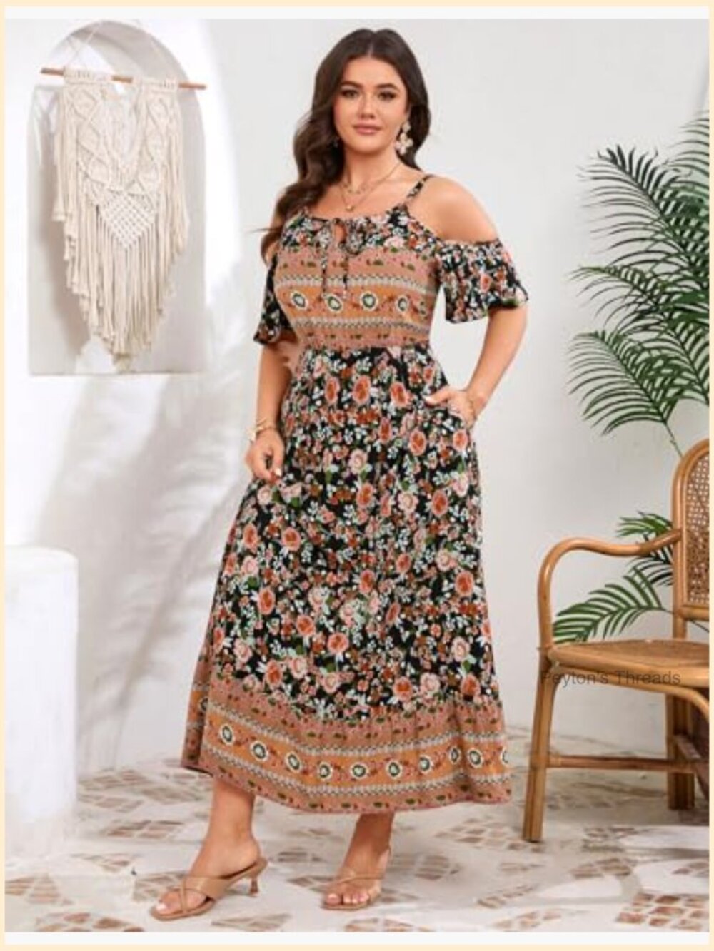 Plus Size Cold Shoulder Floral Maxi Dress Pleated Boho A-Line Rayon - Picture 3 of 6
